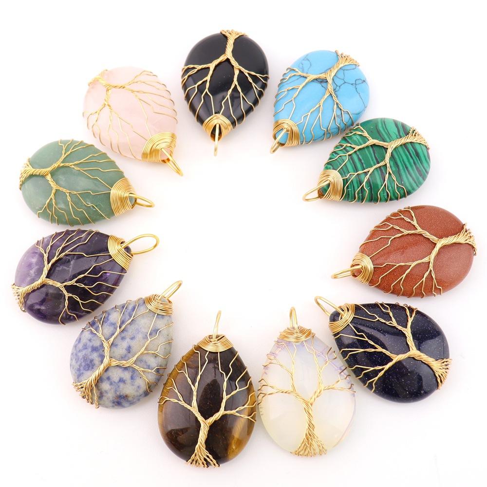 Natural Crystal Water Drop Necklace Pendant Female Leaf Diy Tree Of Life Alloy Woven Jewelry Accessories N749