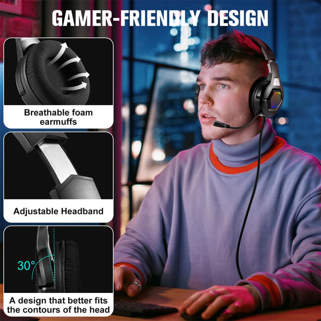 Docooler Gaming Headset 50mm Driver Computer Headset Omnidirectional RGB Lighting for Desktop and Game Consoles (with Microphone), (with Microphone),