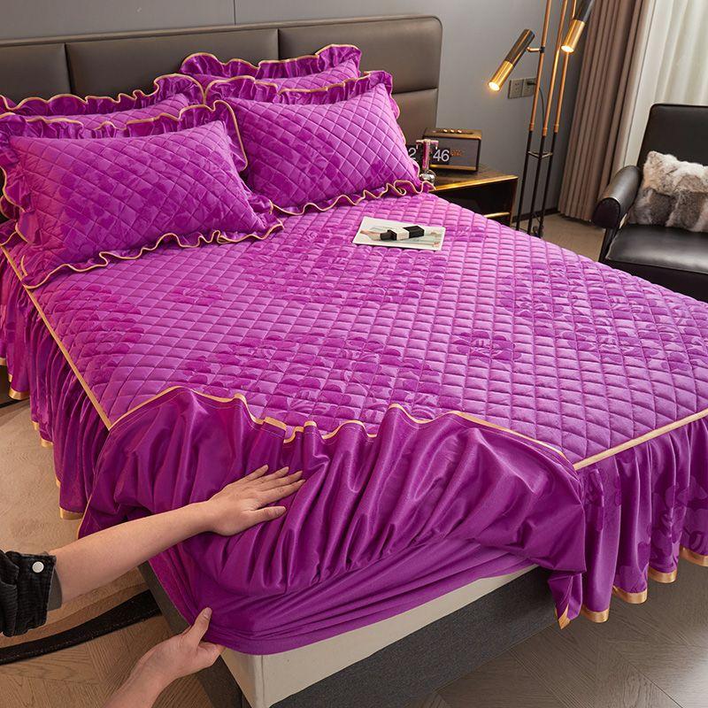 Plush Cotton Bed Sheet with Skirt Edge Thickened Warm Dustproof Fully Wrapped Bed Skirt Winter Protective Cover Bed Cover