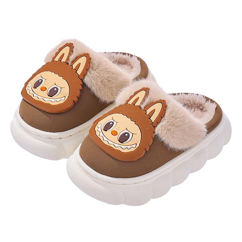 Waterproof PU Leather Cartoon Plush Slippers for Kids - Non-Slip, Cozy for Autumn & Winter