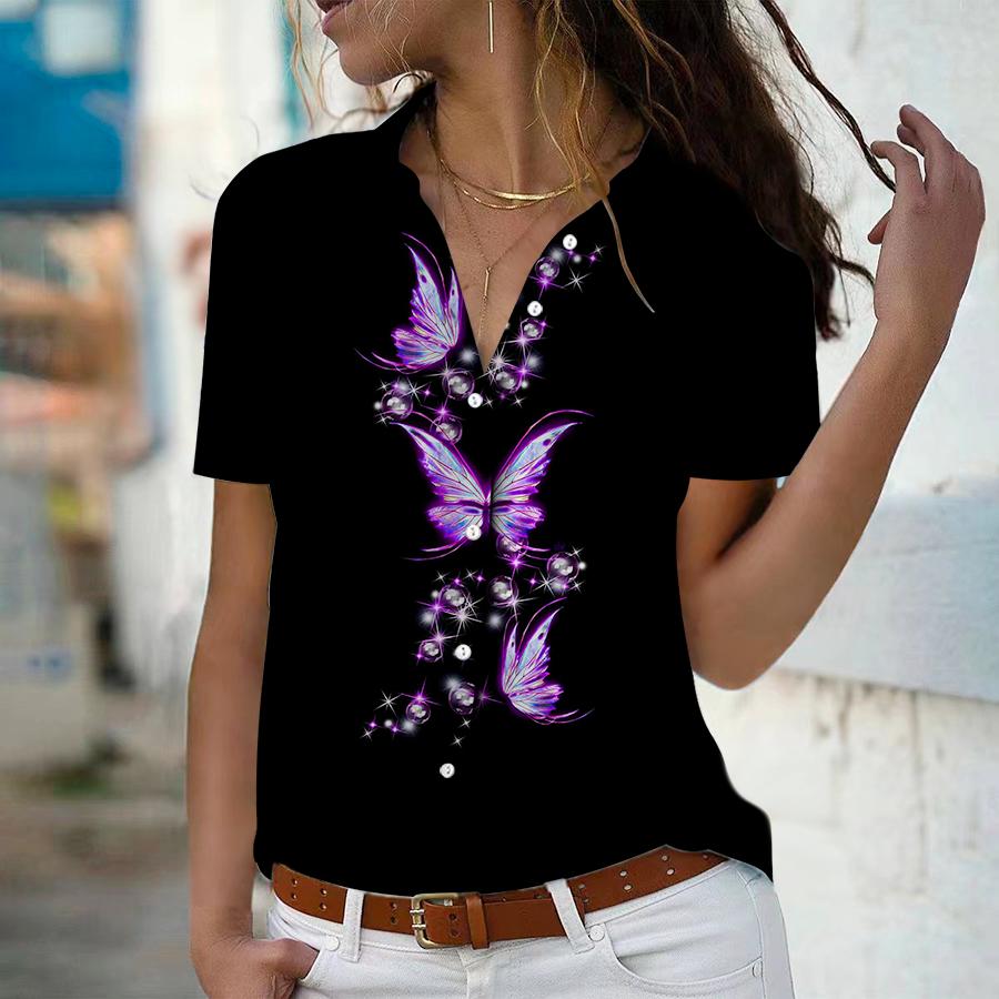 

Лето 2023, новая модная женская легкая рубашка с принтом бабочки и коротким рукавом, с v-образным вырезом, повседневная рубашка на пуговицах, топ