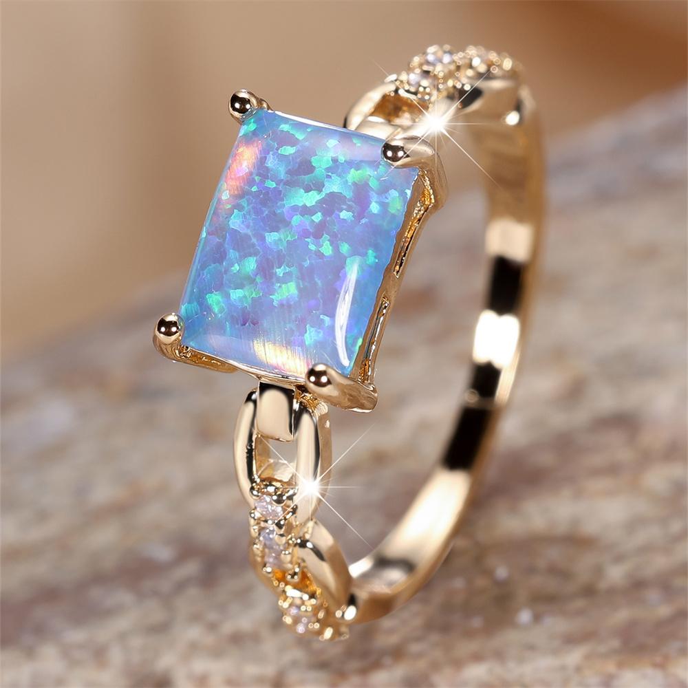 

Square Stone Blue Fire Opal Engagement Rings For Women Vintage Gold Color White Zircon Wedding Band Birthstone Jewelry Gift 8