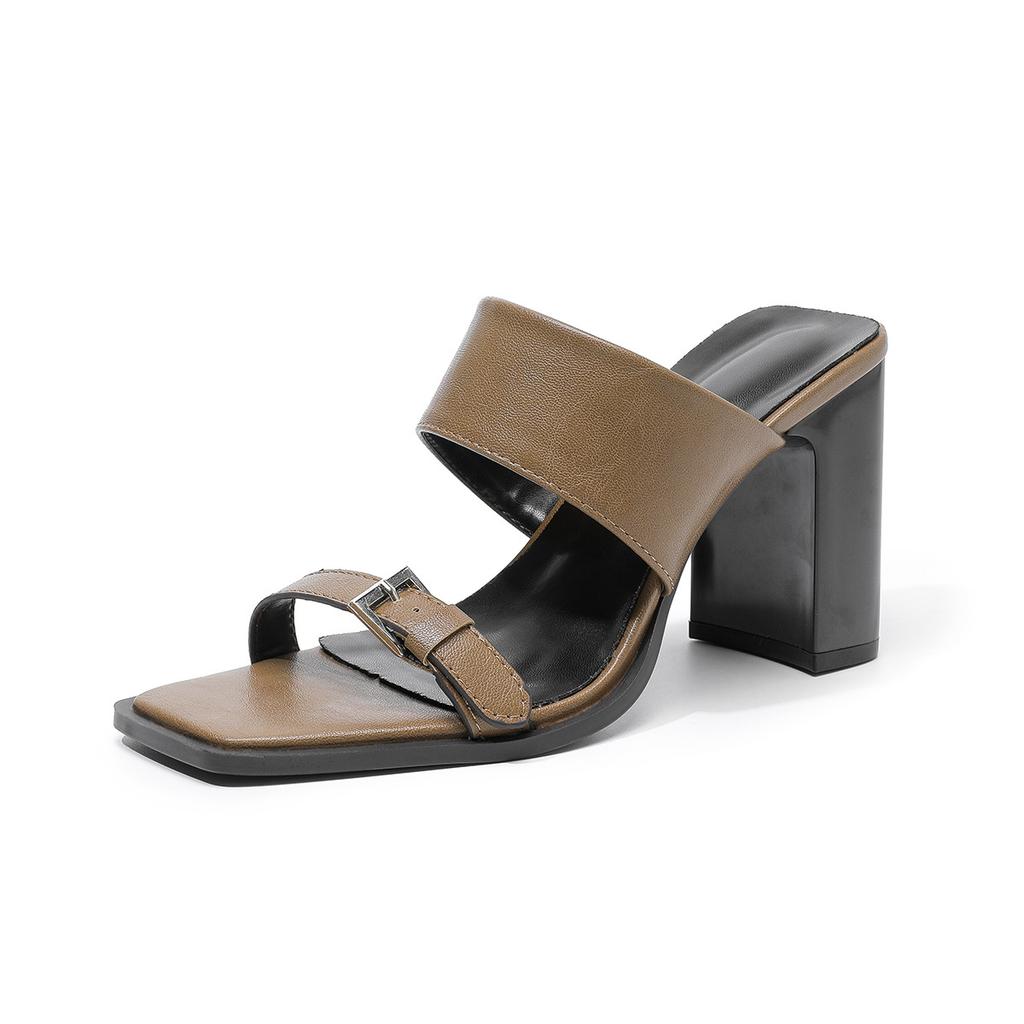Women's Two Strap Square Open Toe High Block Heels Sandals Dress Pumps Casual Summer Mules Shoes for Weeding Party Chunky Heeled Slides for Women