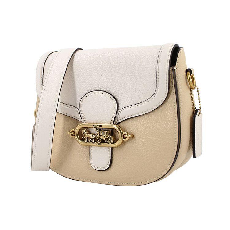 Coach Jade 21 Fashion Trend Logo Litchi Texture Color Block Leather Saddle Bag Women Shoulder Bag White Light-Brown 91164-OLQE7