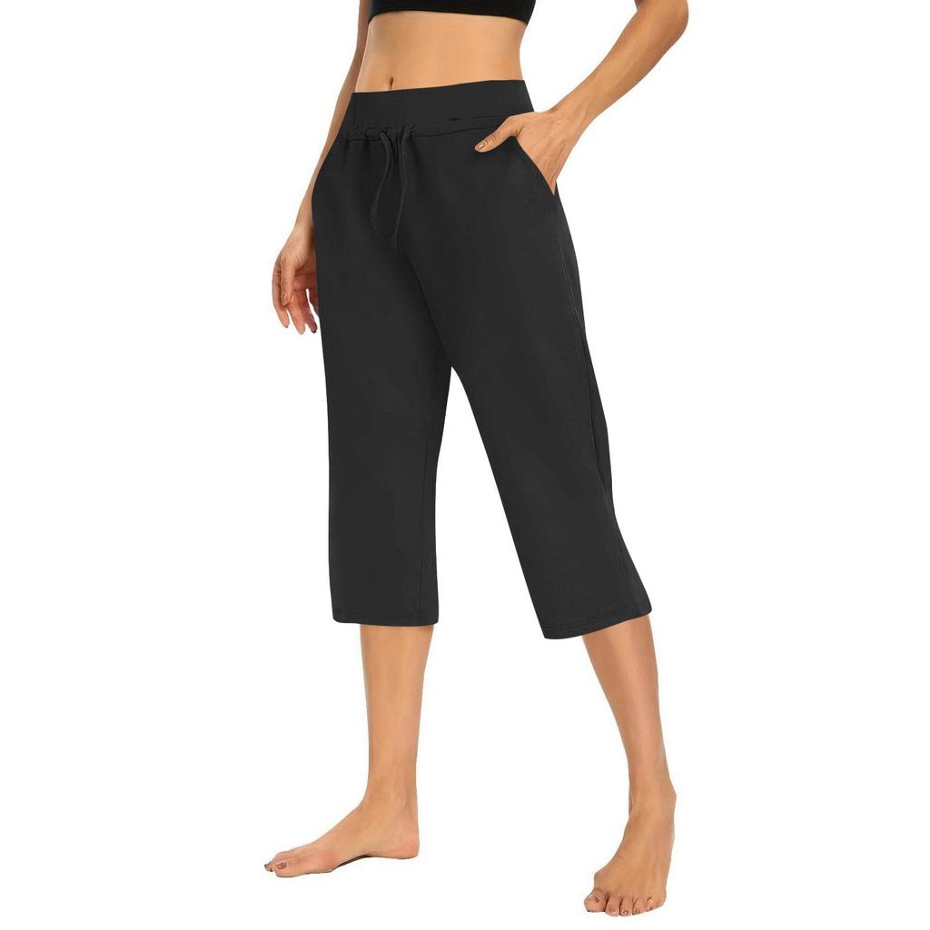 Women's Solid Color Casual Pants Elastic Waist High Waist Drawstring 3/4 Pants Athletic Casual Pants