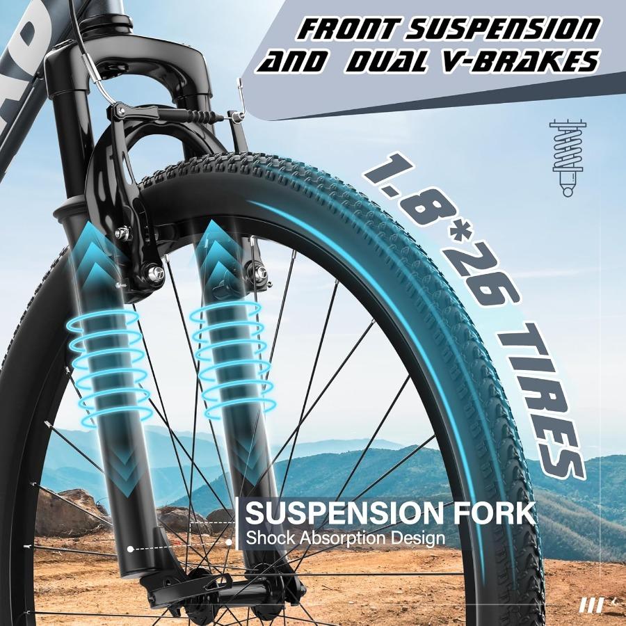 26 Inch Mountain Bike 7Speed Adult Bike with Dual V Brakes for Outdoor Cycling High Carbon Steel Frame with Front Suspension an
