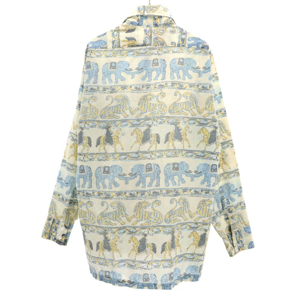 Sears 70s Animal Pattern Long sleeve shirt M Ivory system Old vintage Men's Used