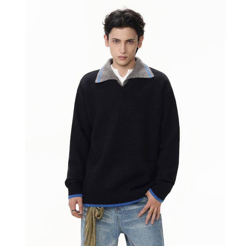 

Acrardic Autumn and Winter American High Intelligence Fake Two Pieces Sweater Men s Lazy Cleanfit Loose All-Match Knit Black XL