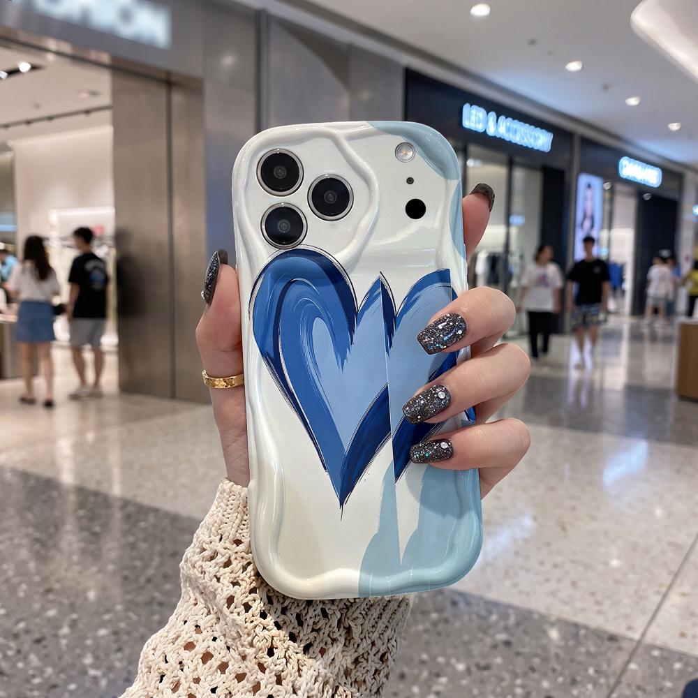 Gradient Blue Heart Sketch Phone Case for iPhone 17 16 15 14 13 12 11 Pro Max Plus Wavy Edge Artistic Cover
