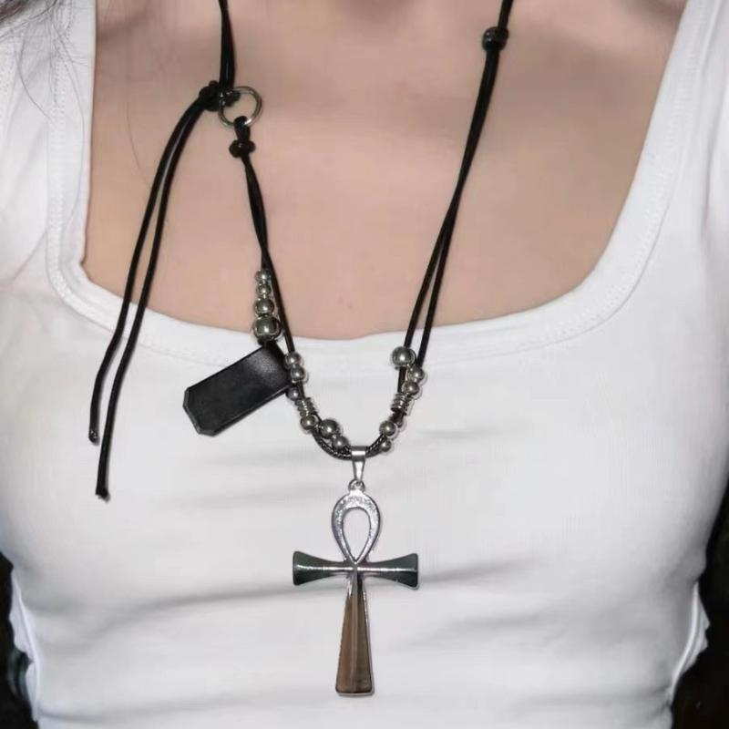 Y2K Retro Metal Cross Pendant Necklace For Women Girls Punk Gothic Black Rope Long Sweater Chain  Party Jewelry Gifts