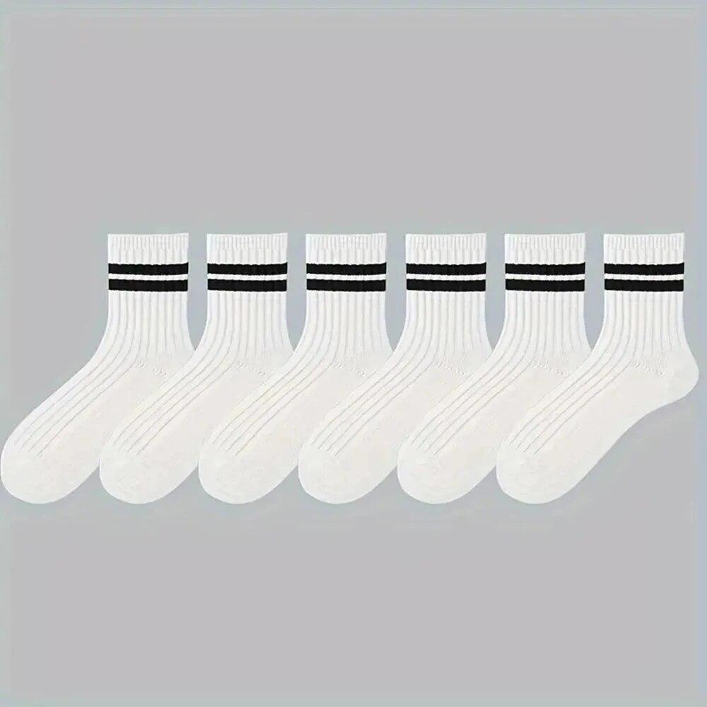 

6/12 Pairs Men Socks Spring Autumn Simple Casual Black White Striped Sock Breathable Mid Tube Sock High-Quality Round Neck Socks One Size