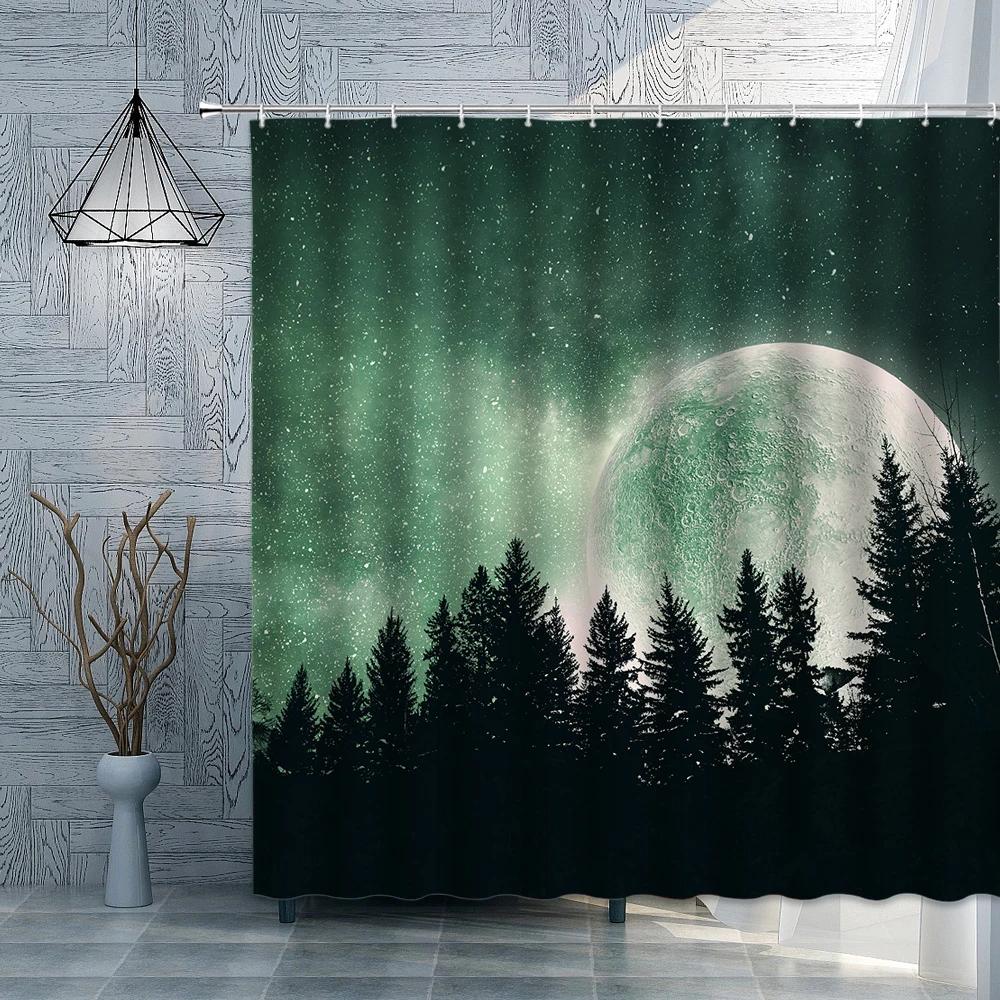 Tree Under Teal Full Moon Shower Curtain Black and Blue Foggy Forest Nature Night Sky Landscape Bath Curtain for Bathroom Decor