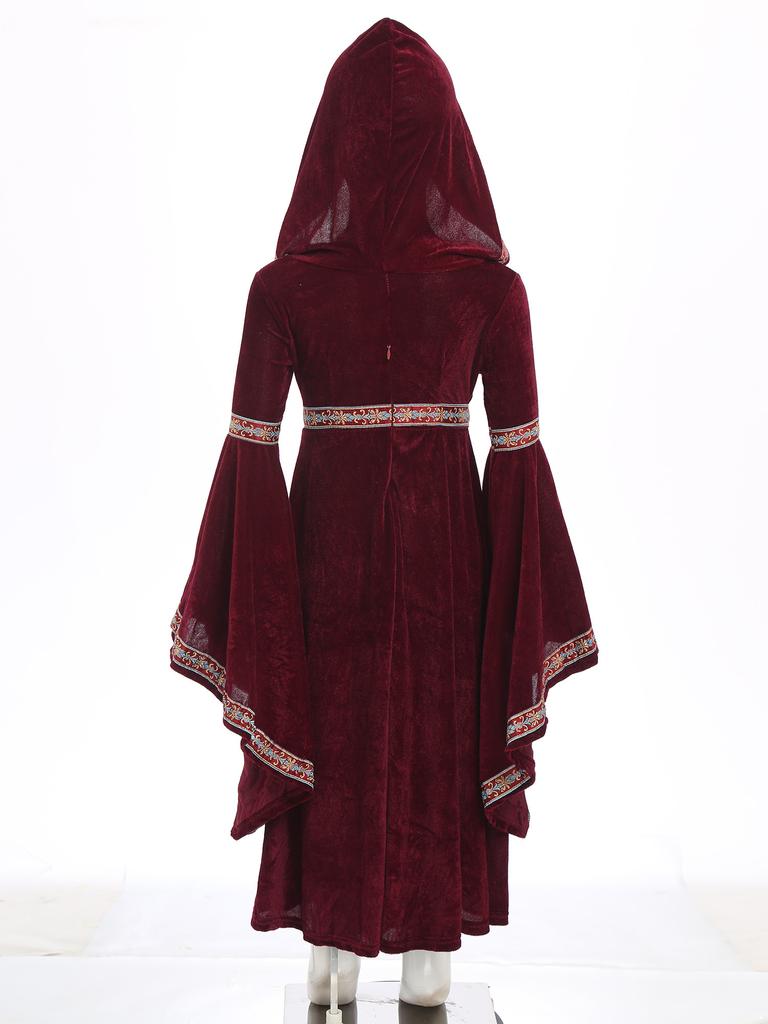 Kids Girls Halloween Princess Robe: Complete Medieval Cosplay Outfit with Hood, Trumpet Sleeves & Detailed Embroidery