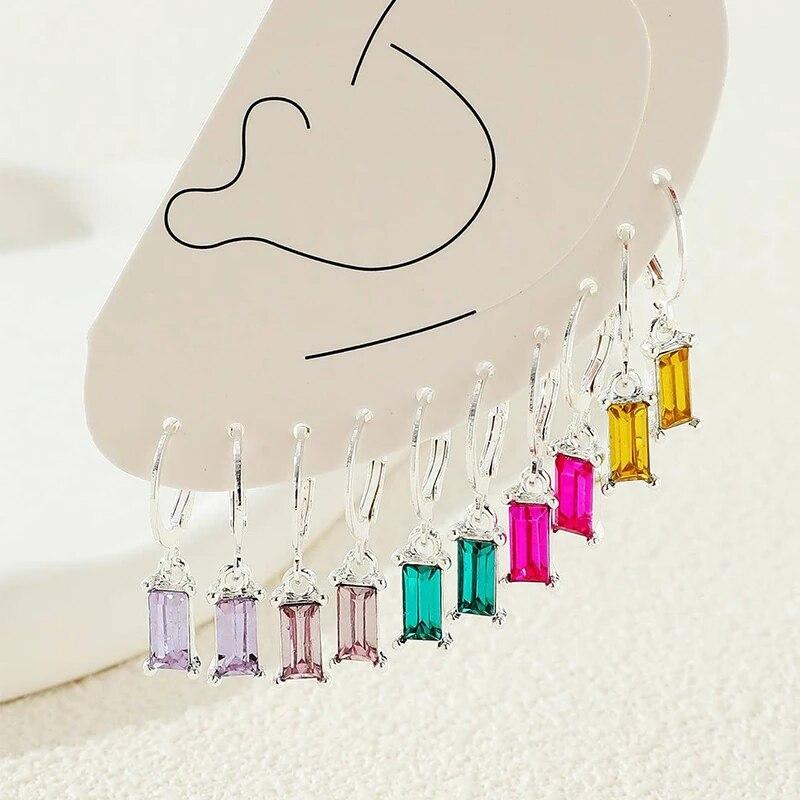 5 Paris Earrings Set Multicolor Stone Gold-Color Matel Small Hoop Earrings Square Water Drop Cute Sweet Fashion Jewelry Gift