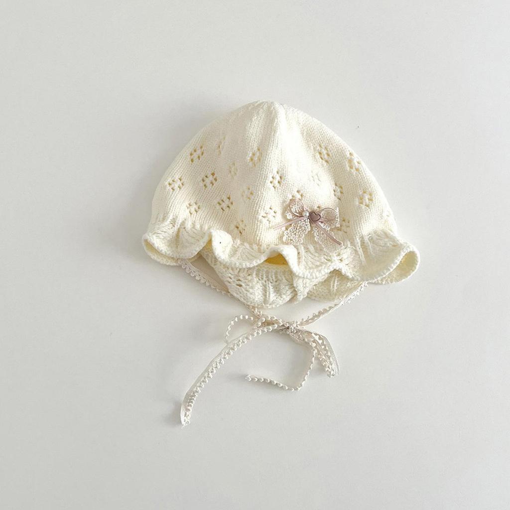 Knitted Woolen Warm Basin Cap for Baby Girls Solid Color Ruffle Brim Fisherman Hats Crochet Lace Princess Bow Crochet Basin Hat