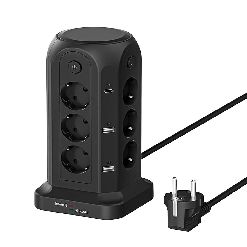 18 IN 1 Multi-socket Power Strip with 12 Outlet 4 USB 2 Type C 4 Switches Tower Socket Surge Protection 5M Extension Cord