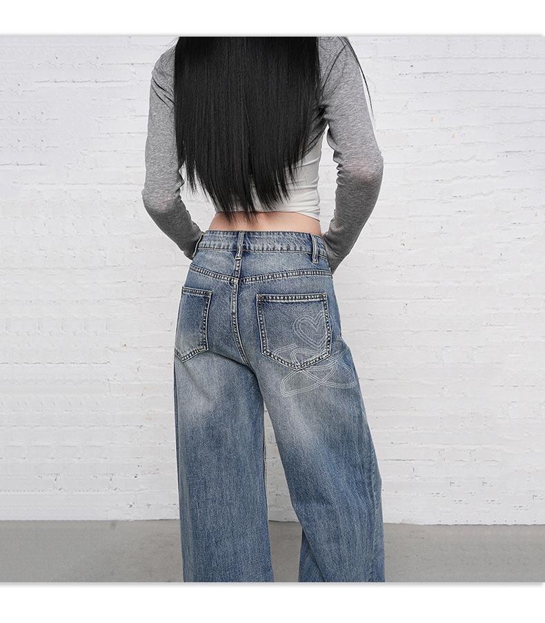 2026 Spring Korean High-Waist Printed Denim Straight-Leg Jeans for Women - Loose, Drape, Floor-Length Style