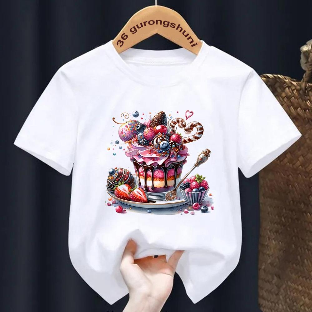 Erdbeerkuchen-Print T-Shirt Kinder Sommermode Kinder Cartoon T-Shirt Rundhals Kurzarm Mädchen T-Shirt Tops 1-14 Jahre