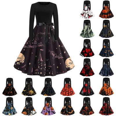 Halloween Print Flare Dress For Women Long Sleeve Dress Hollow Party Casual Round Neck Dresses