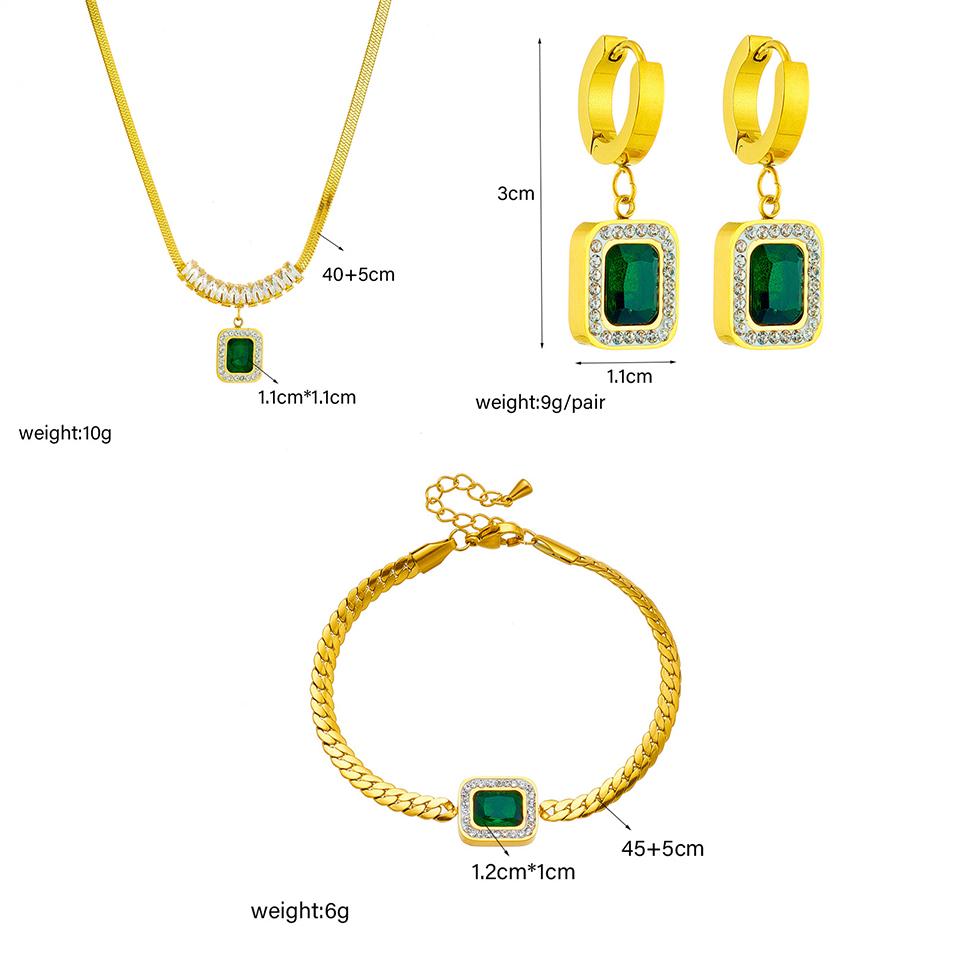 ZAKOL 3 Pcs 316L Stainless Steel Luxury Non-fading Square Green Crystal Zircon Pendant Necklace Earrings Zircon Set For Women