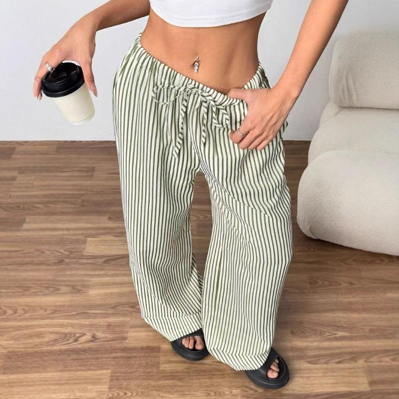 American Style Retro Vertical Stripe Drawstring Wide Leg Pants High Waist Dipping Loose Straight Casual Pants