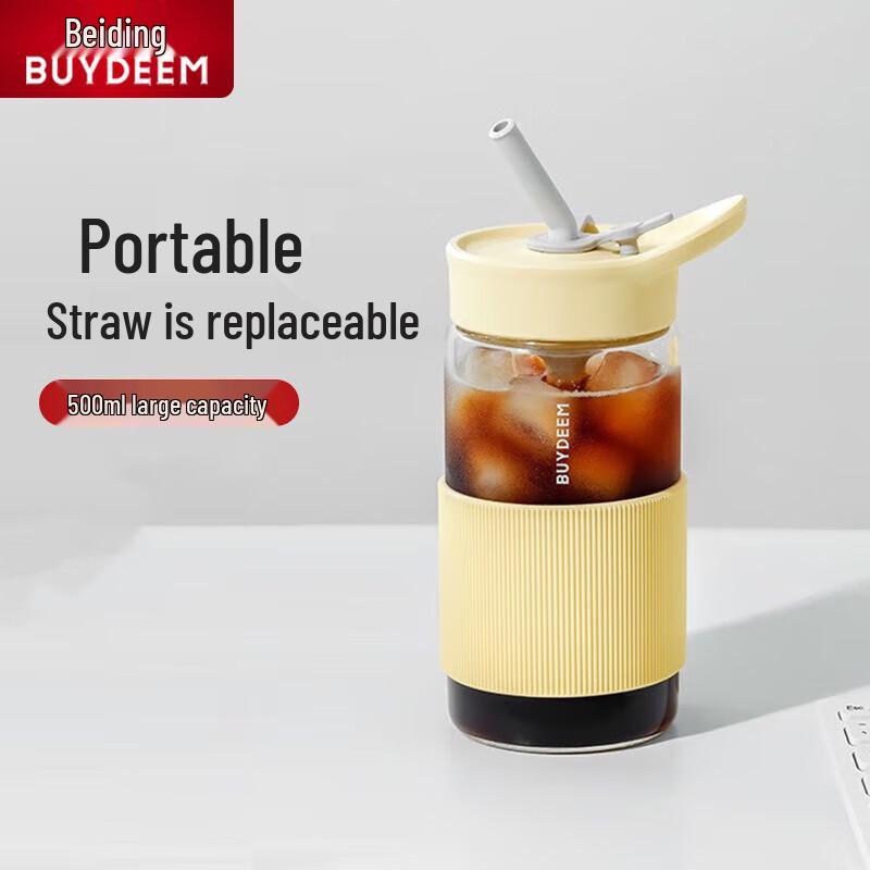 Buydeem Borosilicate Glass Travel Mug with Straw