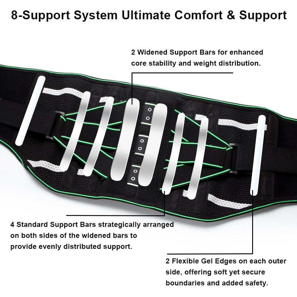 8 X Metal Powerful Lumbar Support With 3D Pad, Support Belt For Men Women, Breathable Back Support Brace With Adjustable Strap