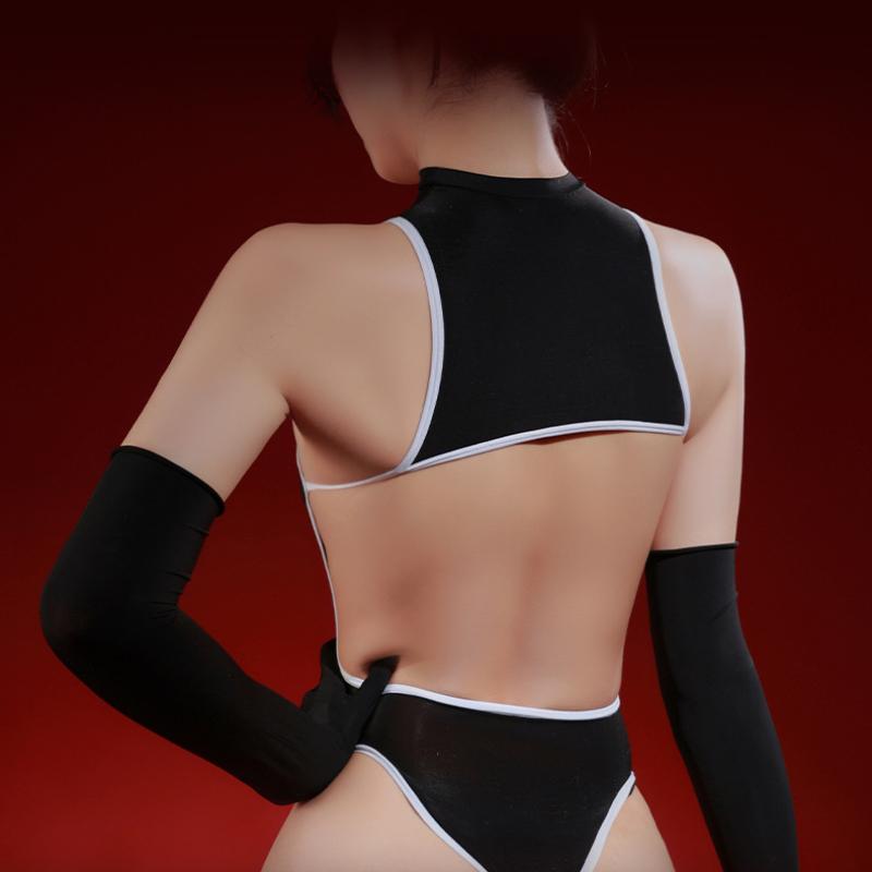 Women Sexy Bodysuit With Oil Shiny Glossy Stockings Swimsuit Set Lingerie Ultra-Thin Silky Transparent Nurse Uniform Swimwear