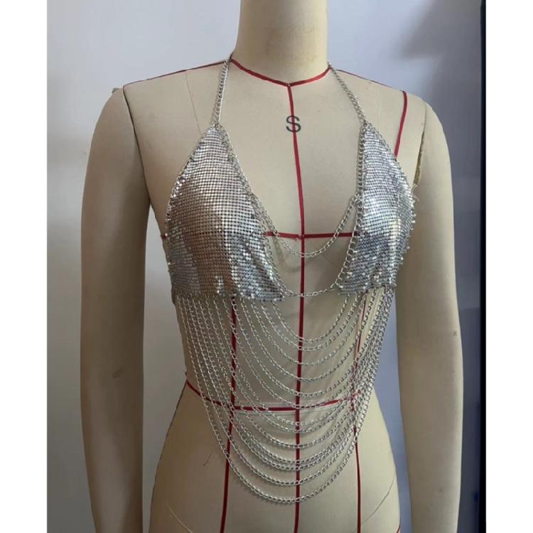 Women Shines Rhinestones Tank Top Halter Body Chain Fishnet Mesh Bra Crop Top Shirt for Night Club Party Raves Outfits