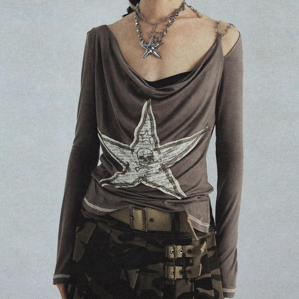 Star Patched Crop Top  Retro Y2K Aesthetics Indie T-shirt Vintage Mall Goth Emo Clothes Autumn Pullovers Tees Women