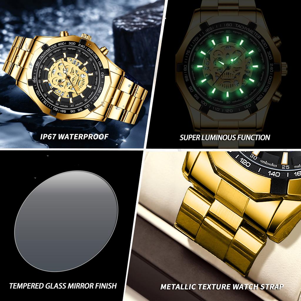BINBOND Original Skeleton Skull Precise Quartz Wristwatches For Men Luxury Luminous Waterproof Auto Date Men's Watch Sturdy Relo
