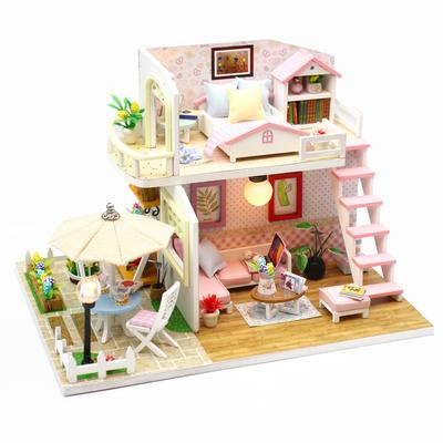 Dollhouse Miniature DIY Wooden Dollhouse Kit with Furniture with LED Light Music Pink Loft