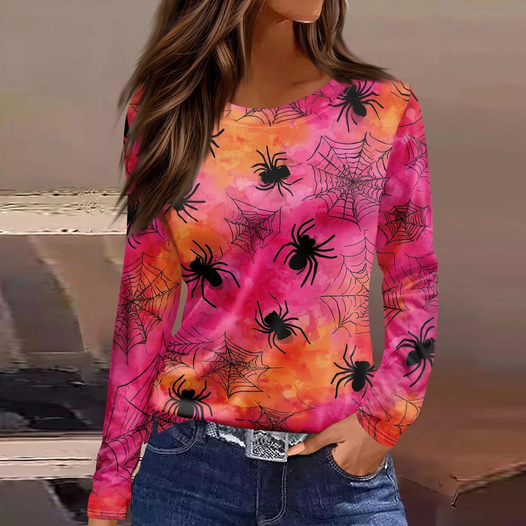 Women's Long Sleeve Round Neck Top with Halloween Print and Side Slit Hem for Casual Holiday Wear