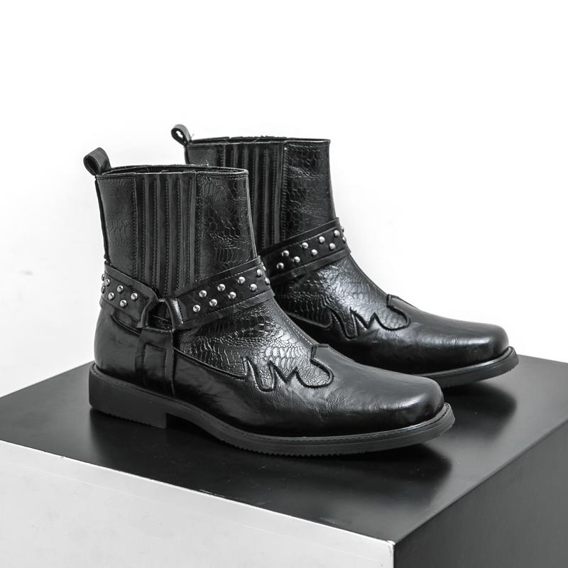 Pánské retro westernové kovbojské boty se širokou hlavou žokejské boty Motocyklové boty pouliční styl Cool vysoké boty nadměrná velikost