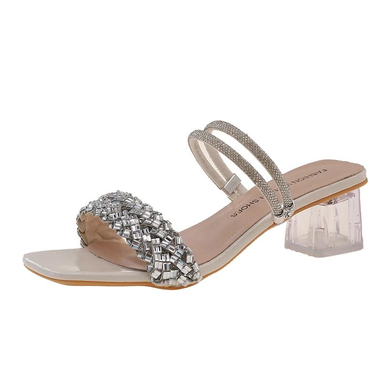 Shoes for Women 2025 New Summer Outdoor Large Size Women's Slippers Fashion Rhinestone Peep Toe Square Heel Modern Slippers