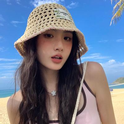 Hohler Stoff-Eimerhut Damen Sommer Vielseitig Atmungsaktiv Sonnenschutz Kuppel Gewebter Beckenhut Reise-Eimerhut Trend