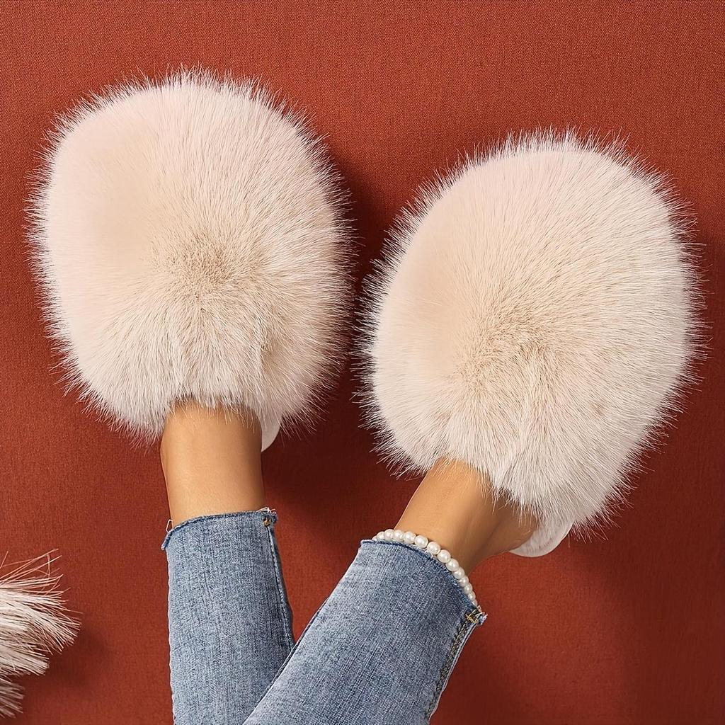1 Pair Elegant Faux Fur Slippers for Women, Indoor/Outdoor House Shoes, Korean Style Warm Flat Non-Slip Rubber Sole, Pure Color, Fabric Lined