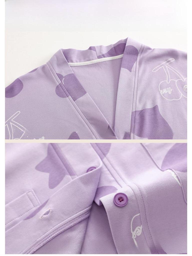 Girls' Cotton Kimono Pajama Set - Long-Sleeve Cardigan & Trousers with Cute Cartoon Design for Spring and Autumn