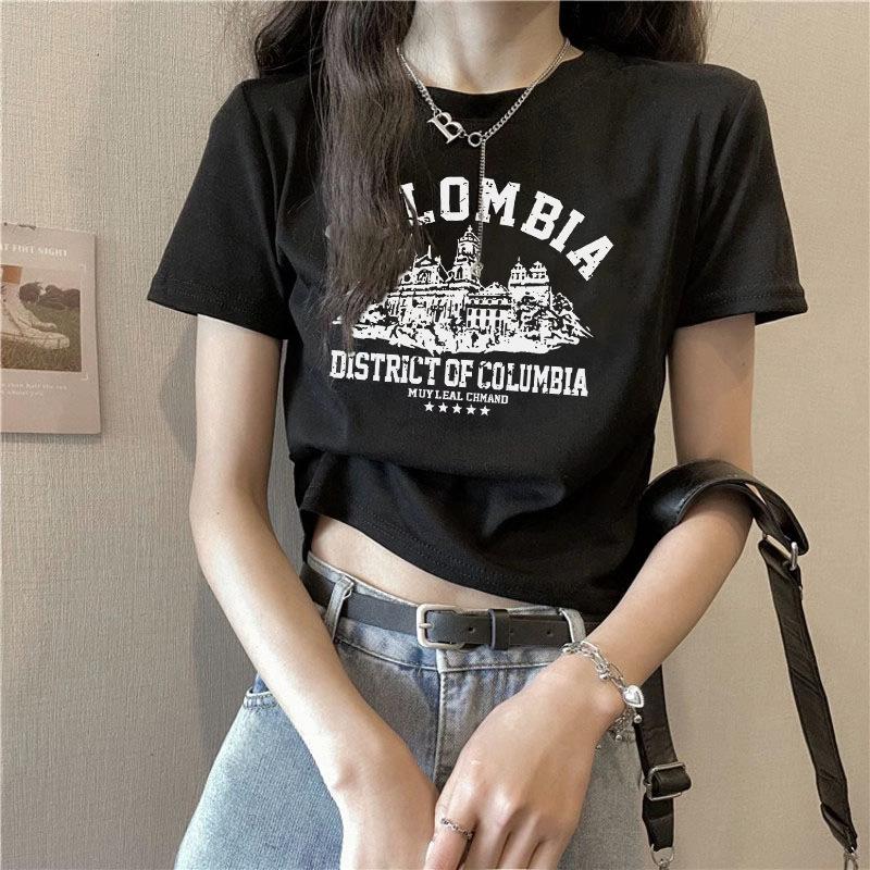 A pure cotton white t-shirt women's design front shoulder short sleeve summer letter print high waist spice top