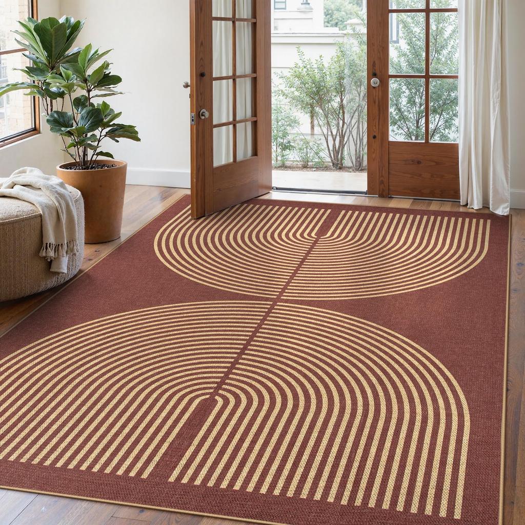 Warmer Nordischer Läufer Teppich Braun Beige Halbkreis Linienmuster Teppich Rutschfeste Fußmatte für Wohnzimmer Schlafzimmer