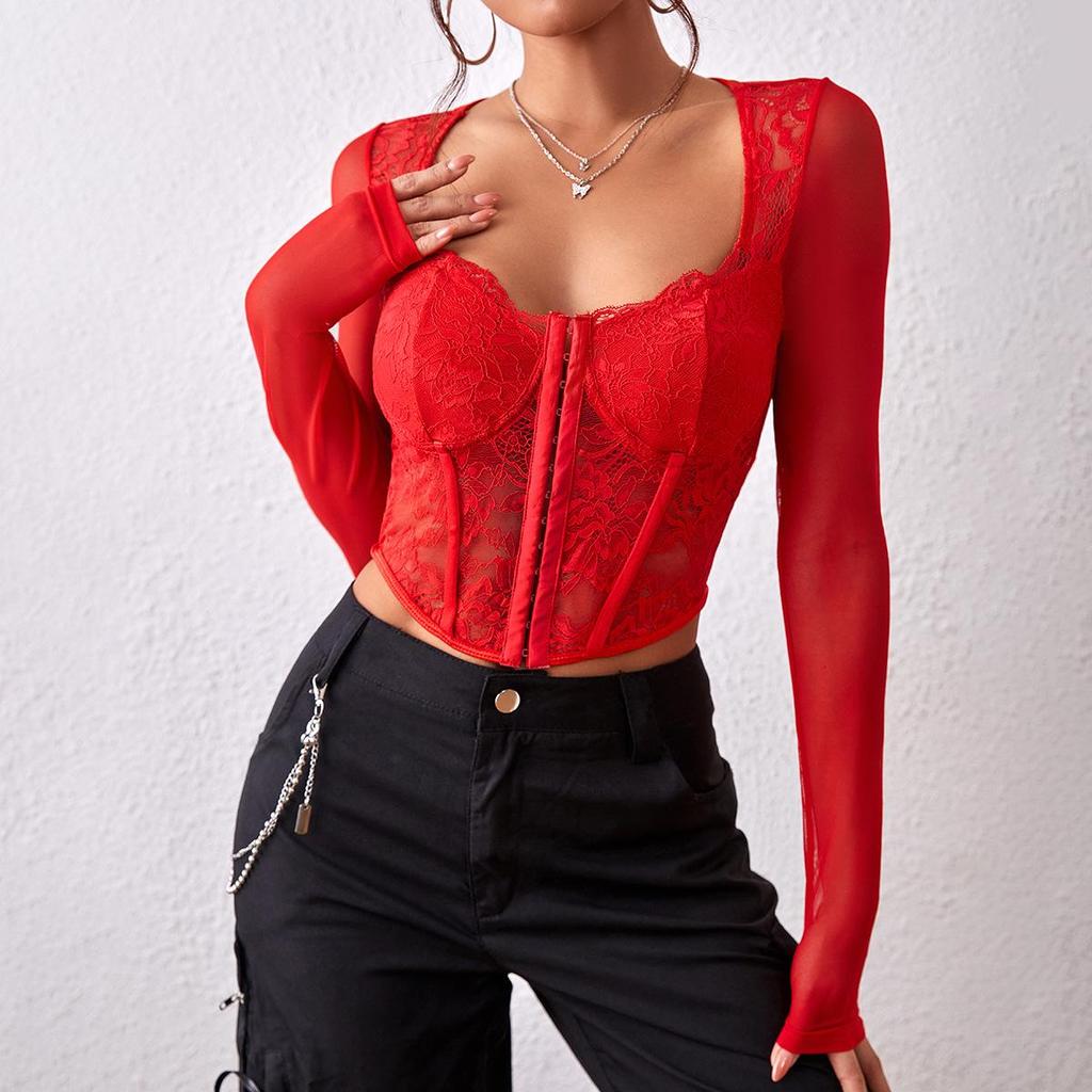 Sexy Spitzen-See-through-Mesh-Korsett-Top mit V-Ausschnitt & Fischgräten-Design für Damen
