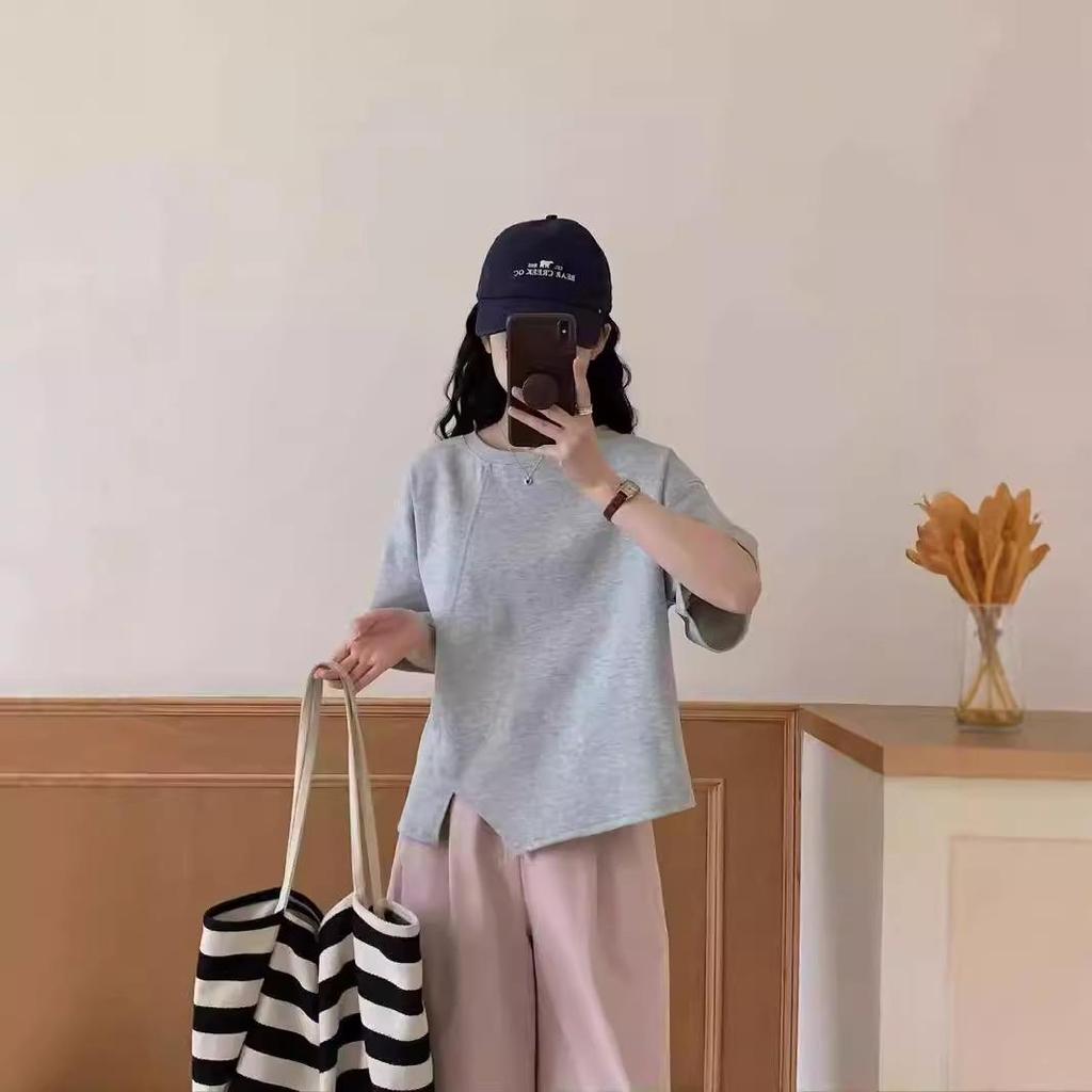 Women's Loose Fit Round Neck Tee with Irregular Slit Design - 2024 Korean Summer Style