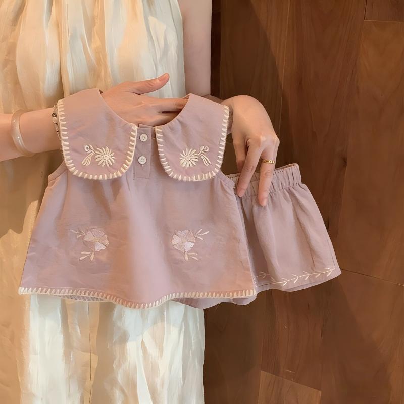 Girls Sleeveless Embroidered Top and Shorts Set for Kindergarten Summer Outfit 80