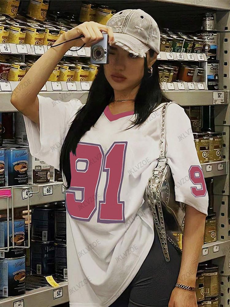 2025 Summer New Retro No.91 Printed T-Shirt For Women V-Neck Short Sleeve Sports Football Jersey Y2K Loose Oversized Tops