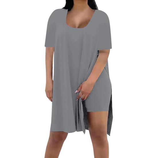 Women Plus Size 2 Piece Outfits Side Split Short Sleeve Tunic Tops And Skinny Biker Shorts Sets Summer Lounge Tracksuit