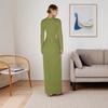 2025 Summer Elegant European & American Women's Round Neck Slit Pleated Long Sleeve Waist-cinching Dress