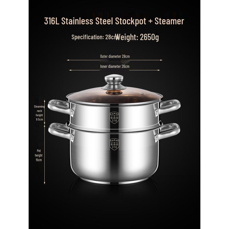 2025 Three-Layer 316 Stainless Steel Steamer & Soup Pot for Induction & Gas Stoves