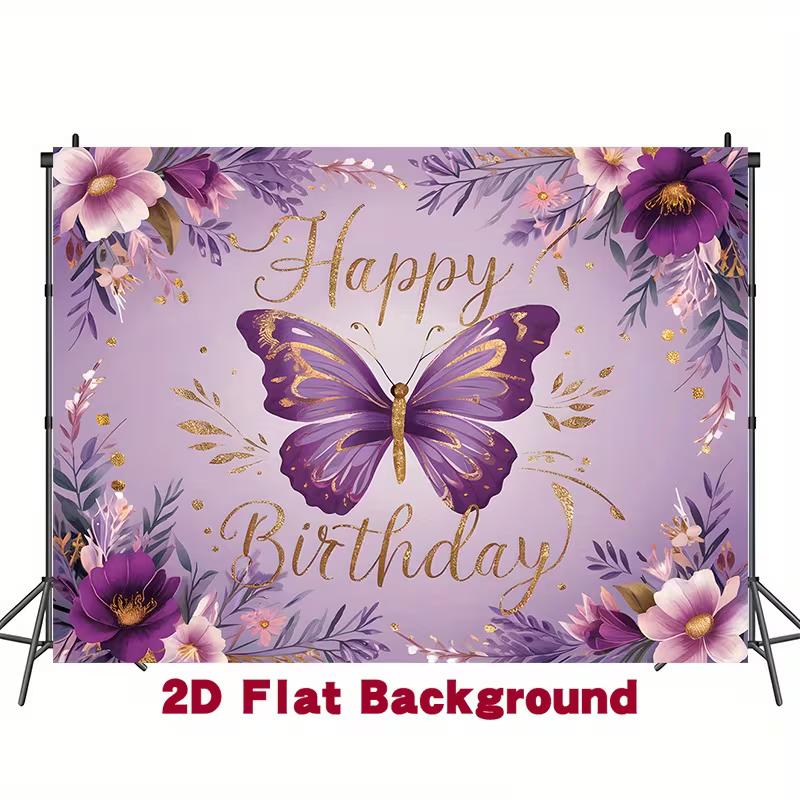 2D Whimsical Purple Butterfly Birthday Backdrop with Flowers Photo Booth Banner