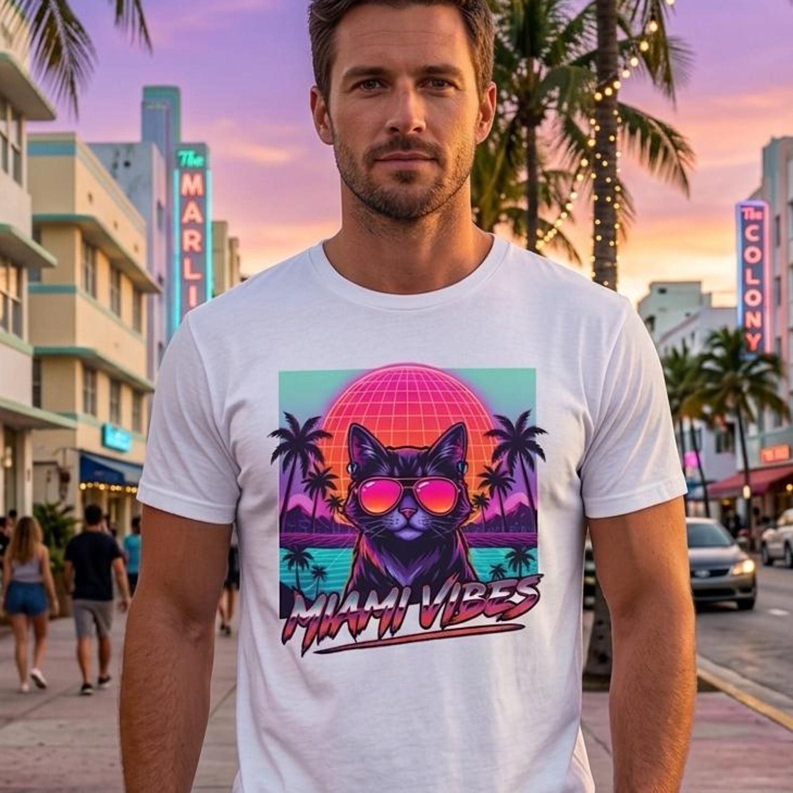 Retro Cat Sunset T-Shirt Neon Vaporwave Miami Vibes Graphic Tee S