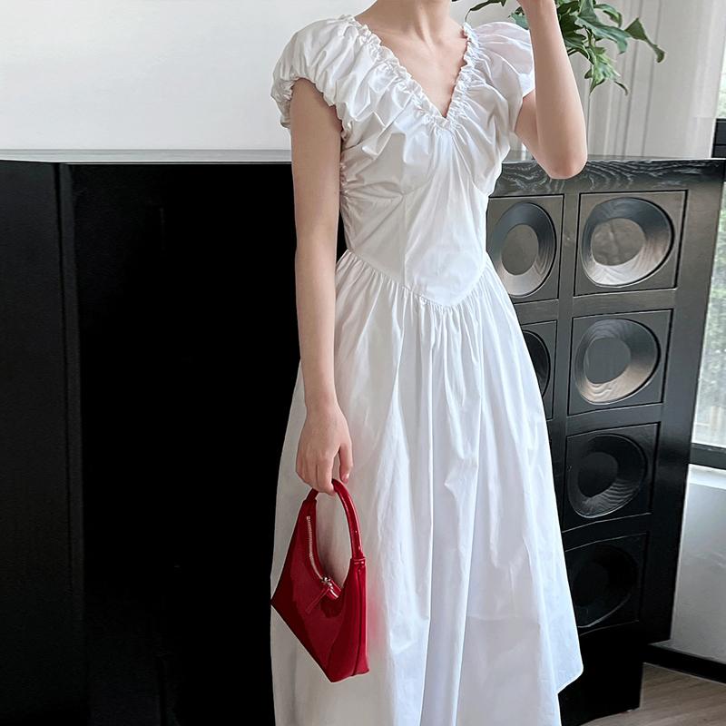 Johnature Summer French Waist Open Back V-Neck Dresses Women Simple Casual Sleeveless Pleated Long Dress